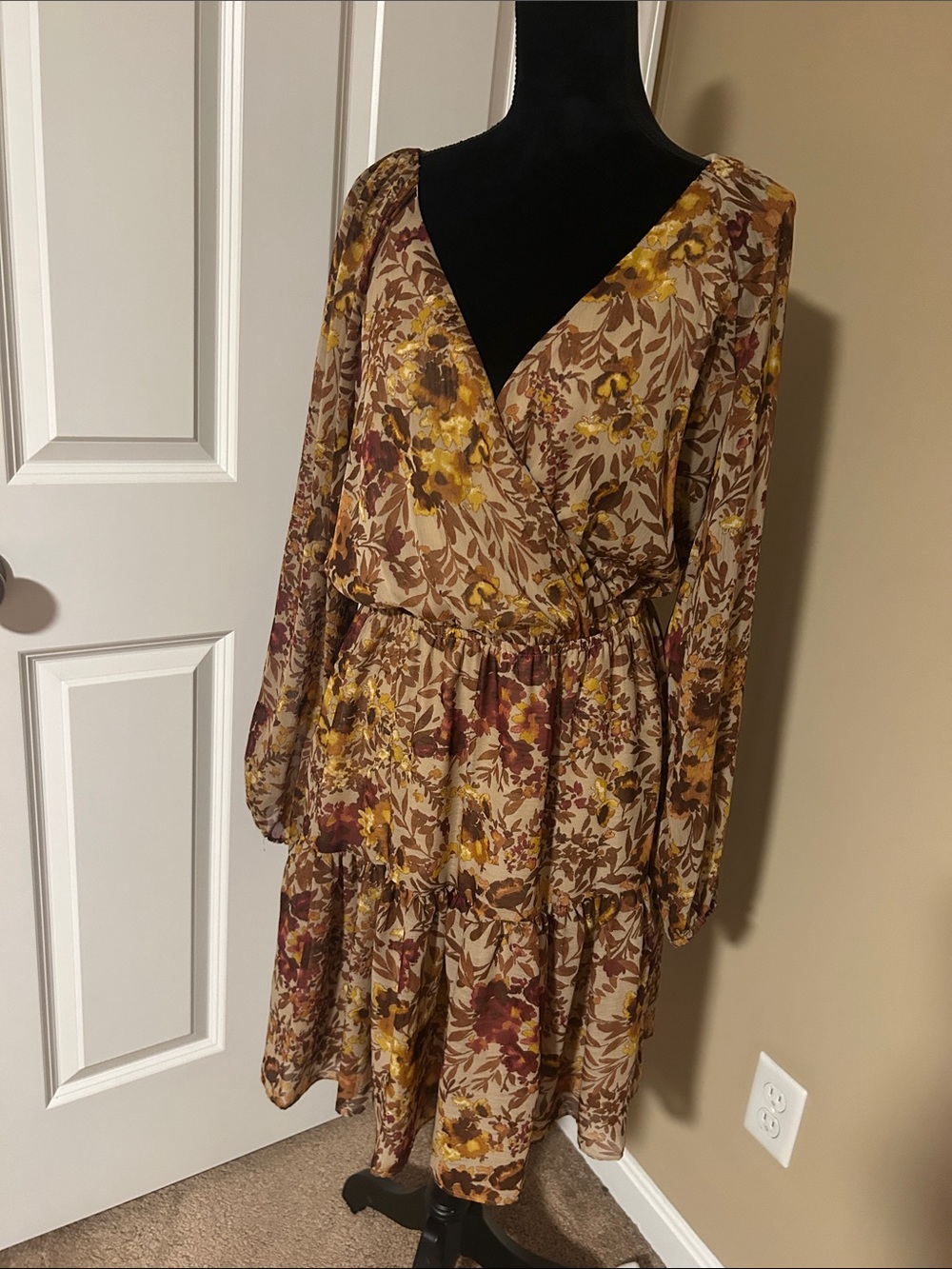Guess Floral LongSleeve Cottagecore Tiered Dress in Beige, Mustard and Brown